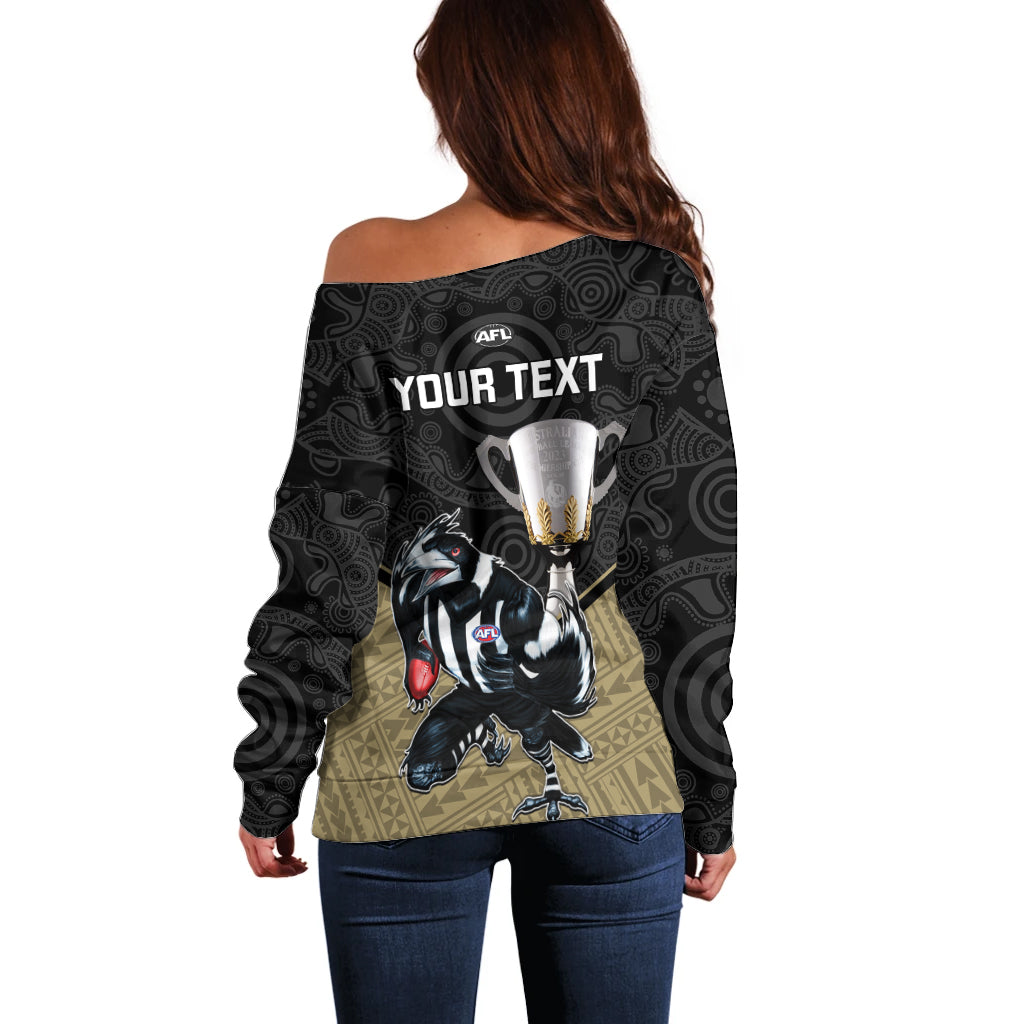 personalised-collingwood-football-off-shoulder-sweater-magpies-go-champions-2023-polynesian-indigenous-art