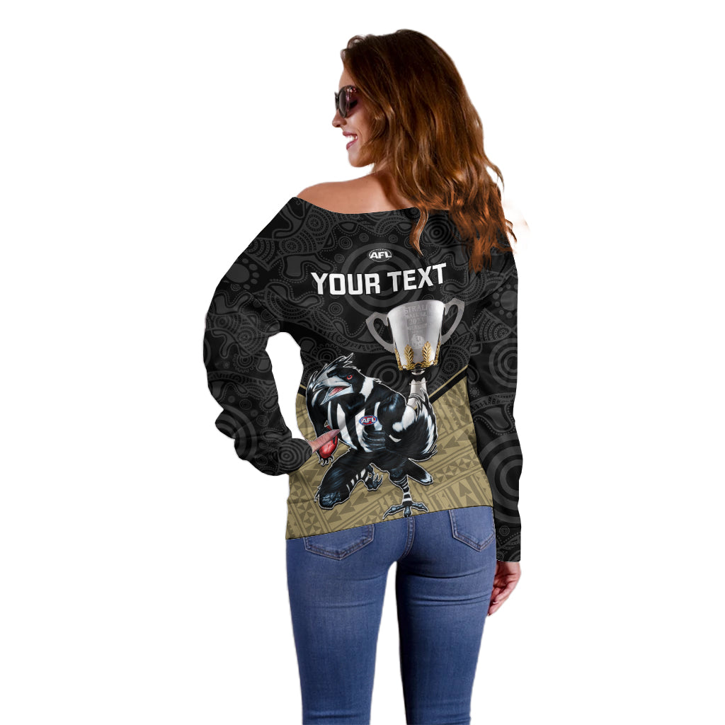 personalised-collingwood-football-off-shoulder-sweater-magpies-go-champions-2023-polynesian-indigenous-art