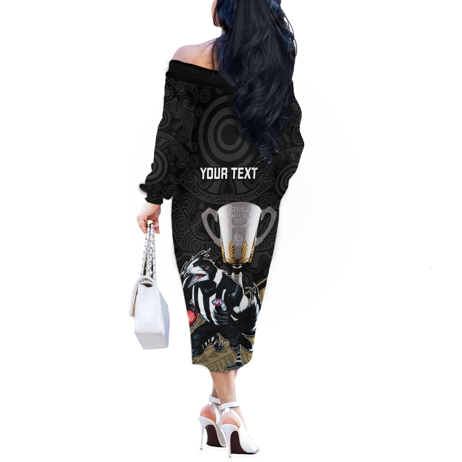 personalised-collingwood-football-off-the-shoulder-long-sleeve-dress-magpies-go-champions-2023-polynesian-indigenous-art