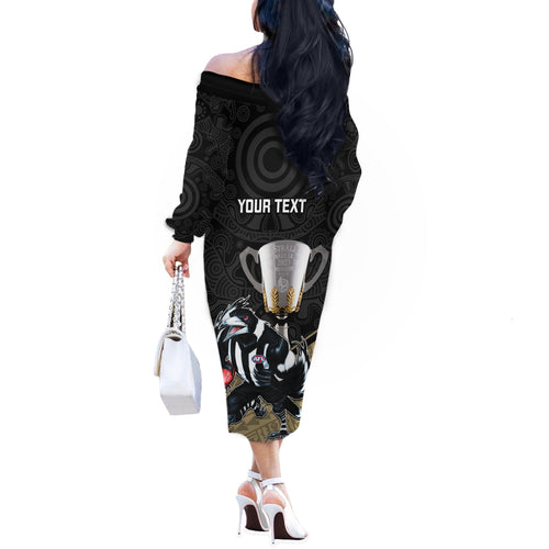 personalised-collingwood-football-off-the-shoulder-long-sleeve-dress-magpies-go-champions-2023-polynesian-indigenous-art