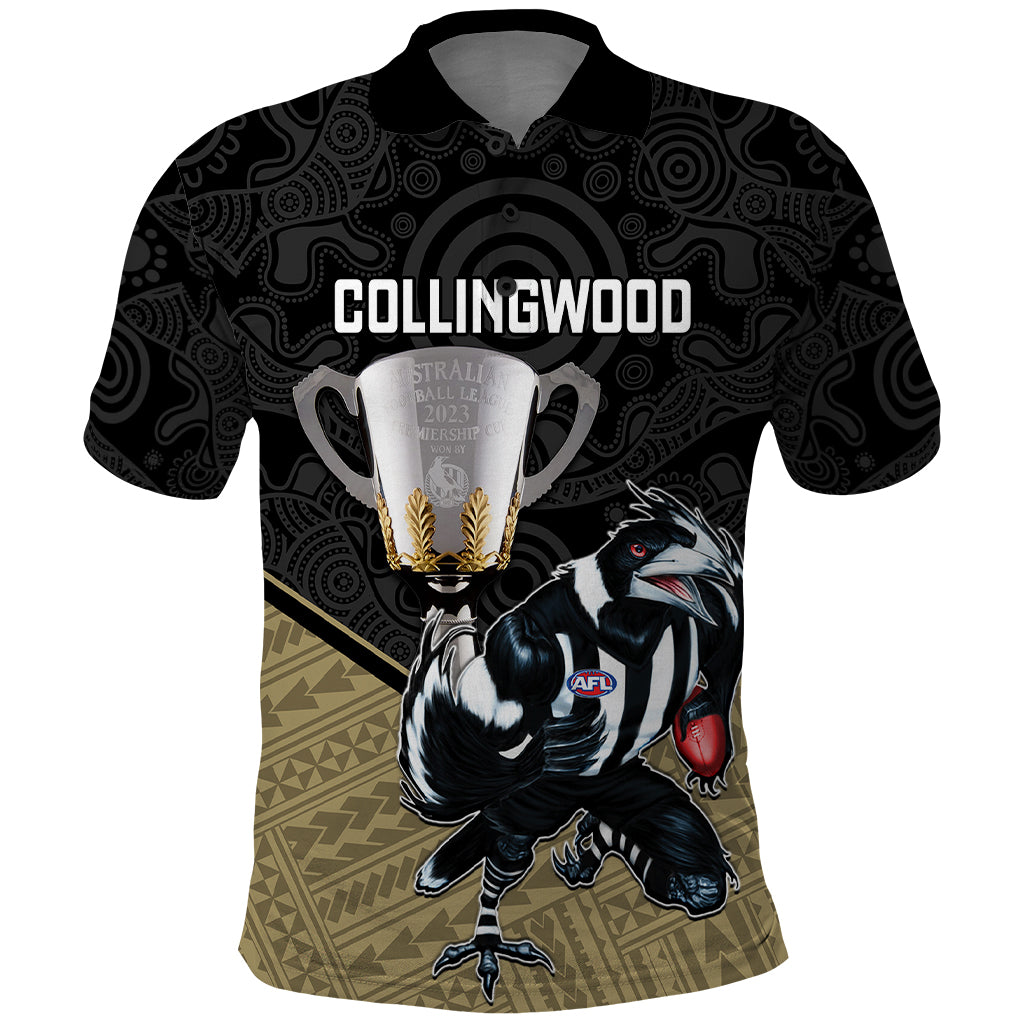 personalised-collingwood-football-polo-shirt-magpies-go-champions-2023-polynesian-indigenous-art