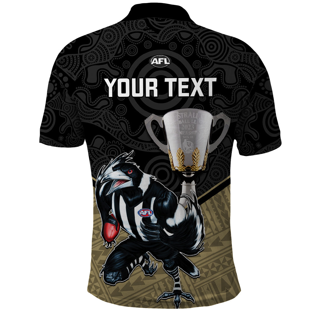 personalised-collingwood-football-polo-shirt-magpies-go-champions-2023-polynesian-indigenous-art