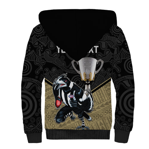 personalised-collingwood-football-sherpa-hoodie-magpies-go-champions-2023-polynesian-indigenous-art