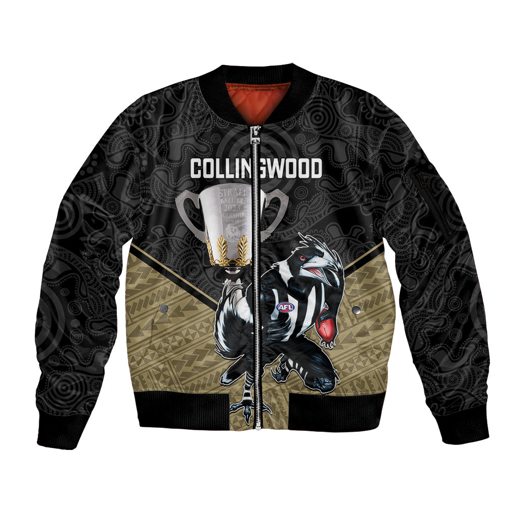 personalised-collingwood-football-sleeve-zip-bomber-jacket-magpies-go-champions-2023-polynesian-indigenous-art