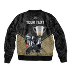 personalised-collingwood-football-sleeve-zip-bomber-jacket-magpies-go-champions-2023-polynesian-indigenous-art