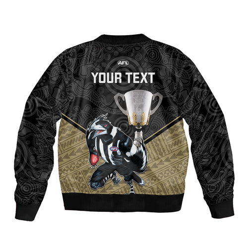 personalised-collingwood-football-sleeve-zip-bomber-jacket-magpies-go-champions-2023-polynesian-indigenous-art