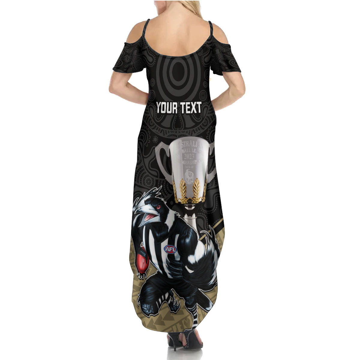 personalised-collingwood-football-summer-maxi-dress-magpies-go-champions-2023-polynesian-indigenous-art