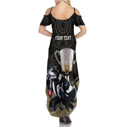 personalised-collingwood-football-summer-maxi-dress-magpies-go-champions-2023-polynesian-indigenous-art