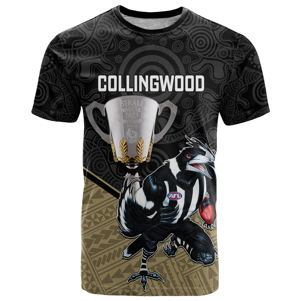 personalised-collingwood-football-t-shirt-magpies-go-champions-2023-polynesian-indigenous-art