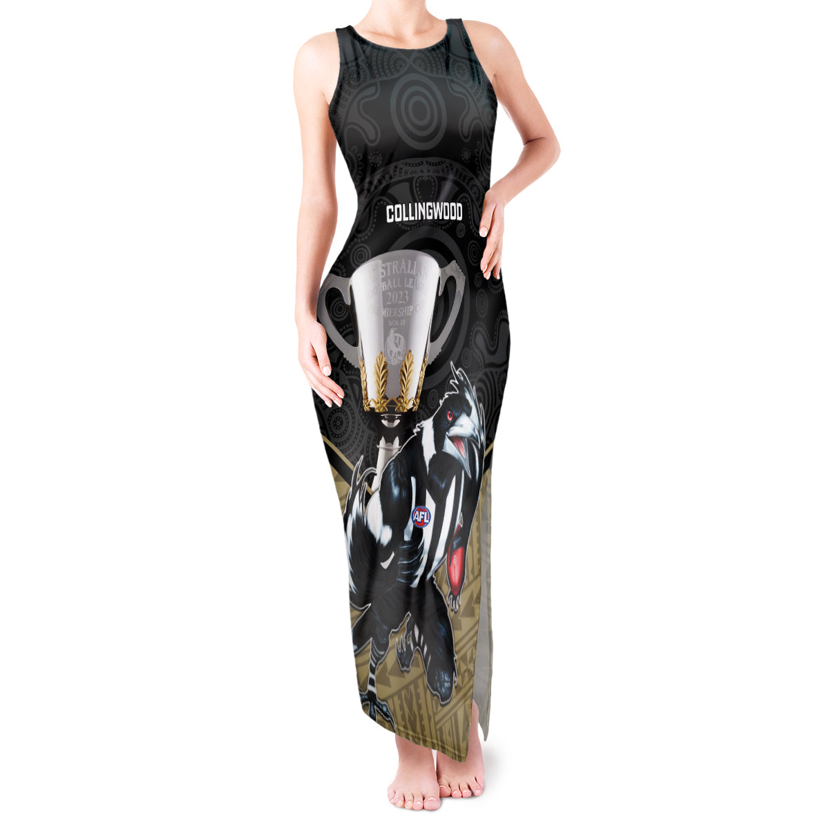 personalised-collingwood-football-tank-maxi-dress-magpies-go-champions-2023-polynesian-indigenous-art