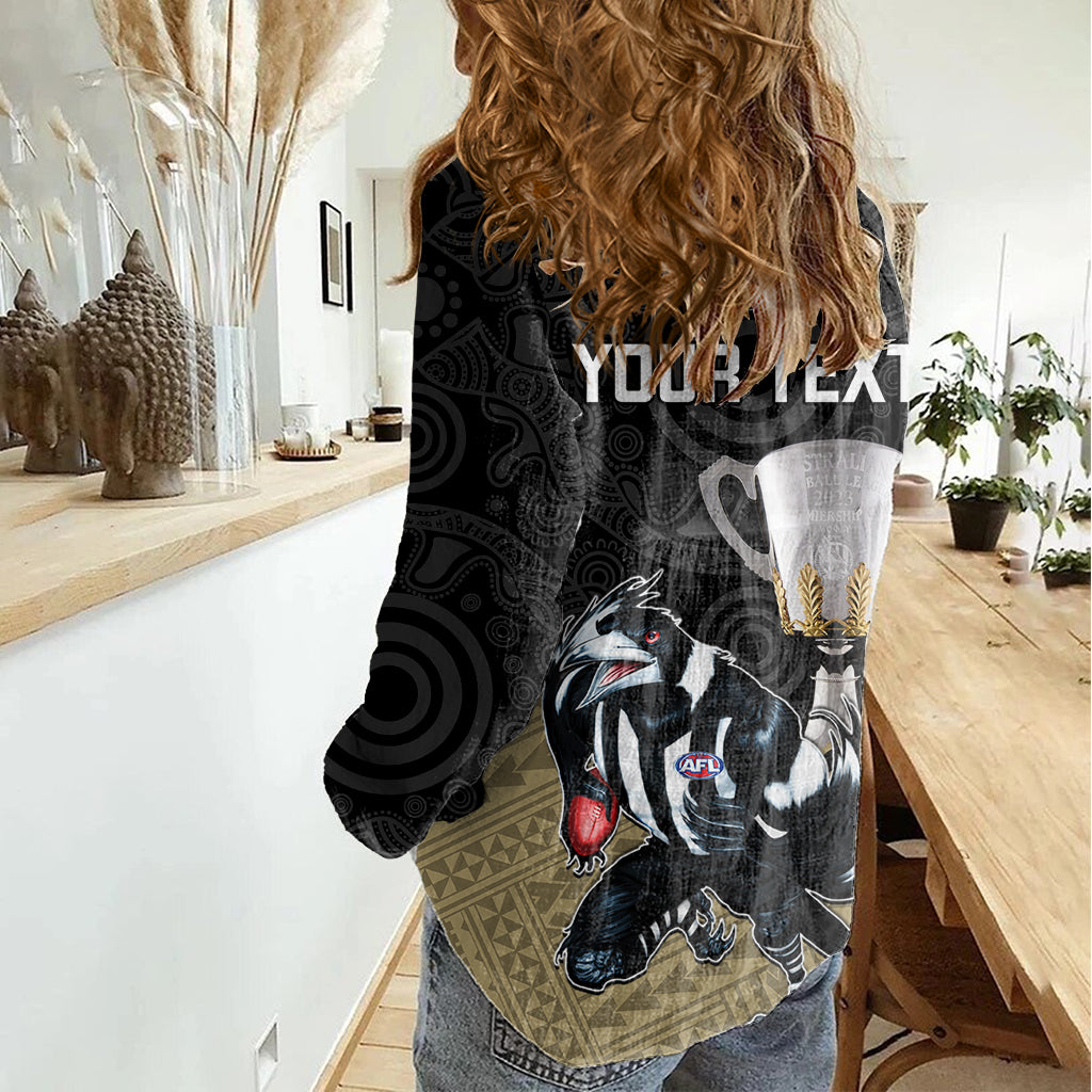 personalised-collingwood-football-women-casual-shirt-magpies-go-champions-2023-polynesian-indigenous-art