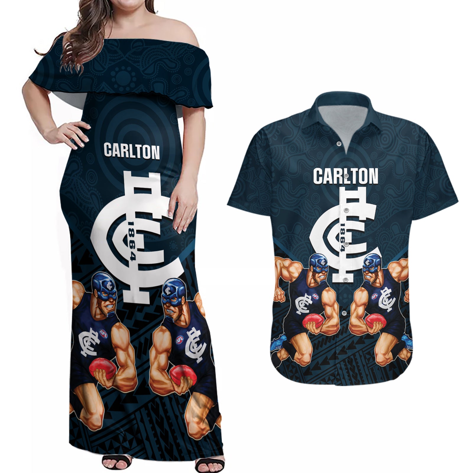 calrton-football-couples-matching-off-shoulder-maxi-dress-and-hawaiian-shirt-blues-go-champions-2023-polynesian-indigenous-art