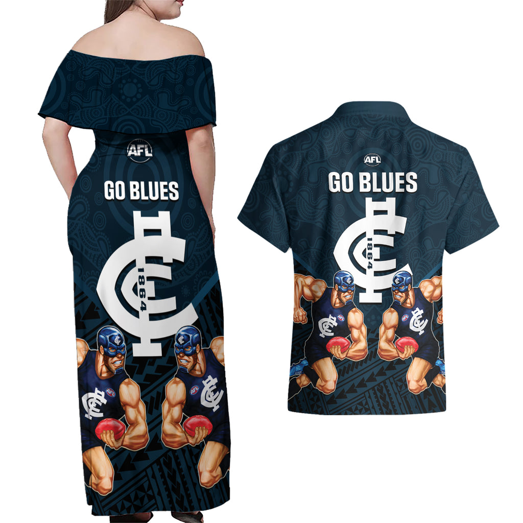 calrton-football-couples-matching-off-shoulder-maxi-dress-and-hawaiian-shirt-blues-go-champions-2023-polynesian-indigenous-art