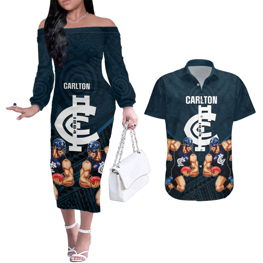 calrton-football-couples-matching-off-the-shoulder-long-sleeve-dress-and-hawaiian-shirt-blues-go-champions-2023-polynesian-indigenous-art