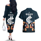 calrton-football-couples-matching-off-the-shoulder-long-sleeve-dress-and-hawaiian-shirt-blues-go-champions-2023-polynesian-indigenous-art
