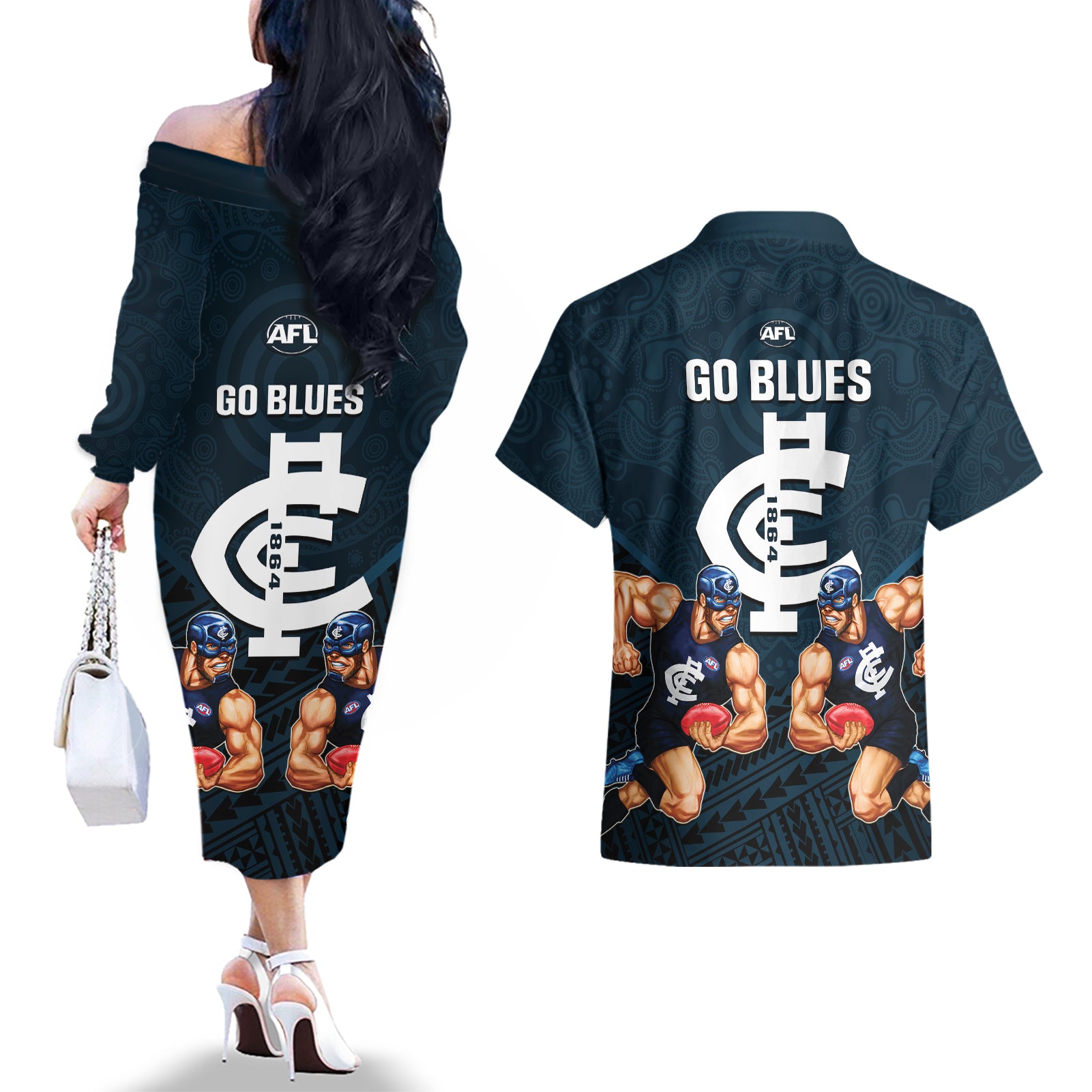 calrton-football-couples-matching-off-the-shoulder-long-sleeve-dress-and-hawaiian-shirt-blues-go-champions-2023-polynesian-indigenous-art