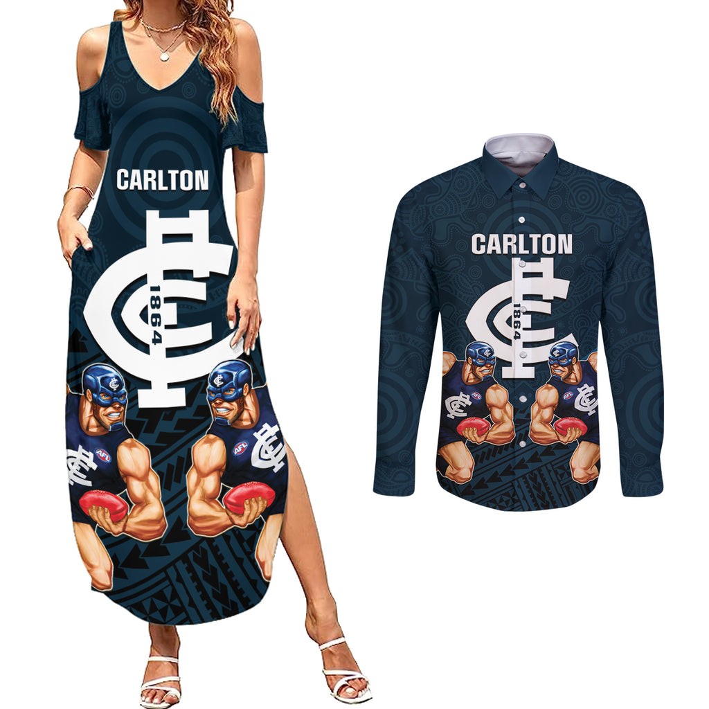 calrton-football-couples-matching-summer-maxi-dress-and-long-sleeve-button-shirts-blues-go-champions-2023-polynesian-indigenous-art