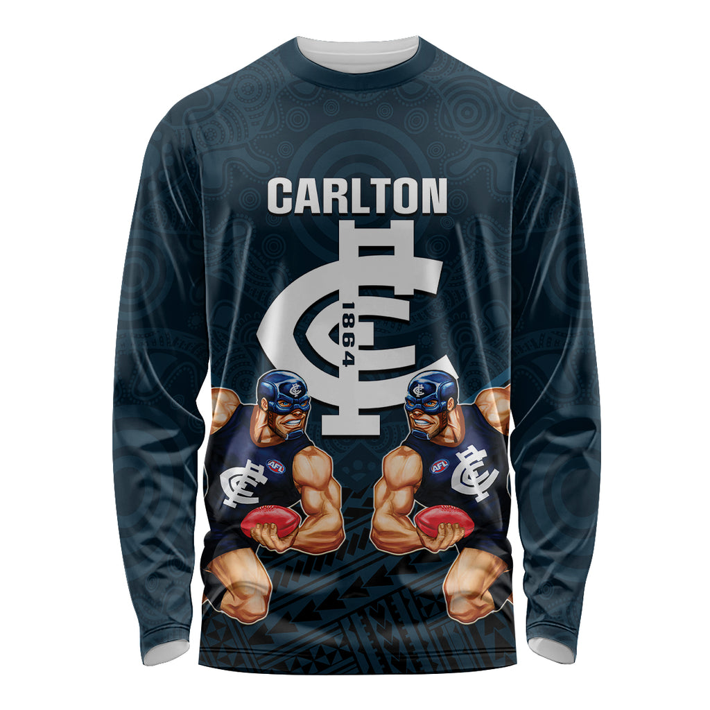 calrton-football-long-sleeve-shirt-blues-go-champions-2023-polynesian-indigenous-art