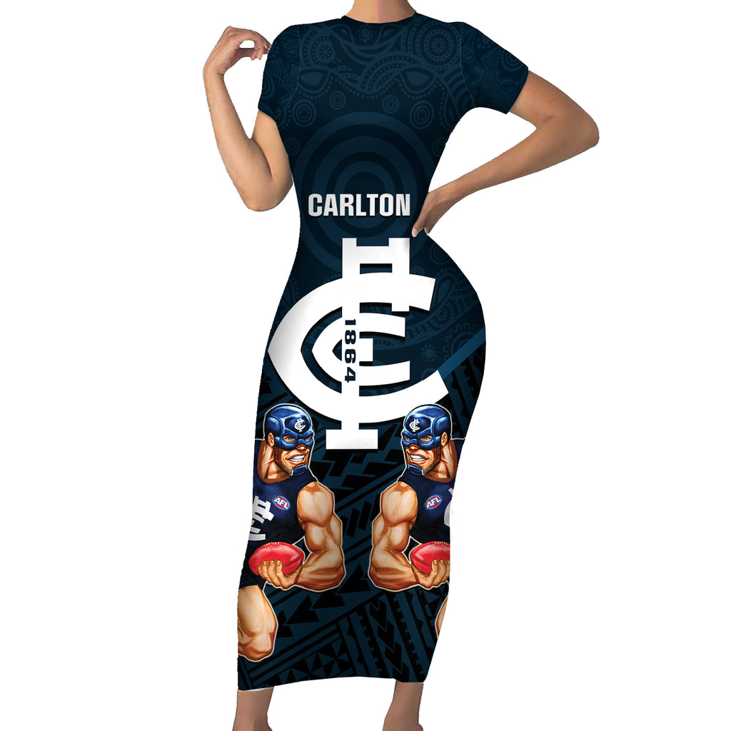 calrton-football-short-sleeve-bodycon-dress-blues-go-champions-2023-polynesian-indigenous-art