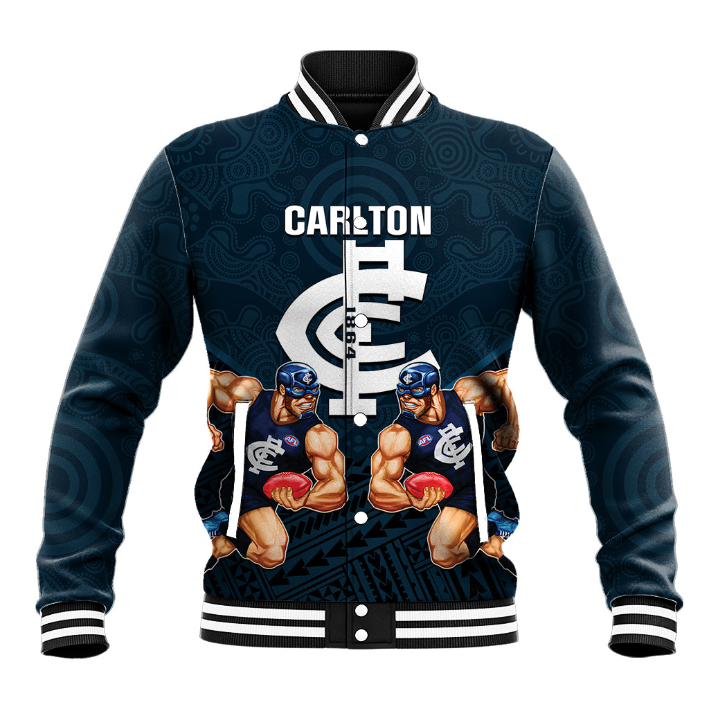 personalised-calrton-football-baseball-jacket-blues-go-champions-2023-polynesian-indigenous-art