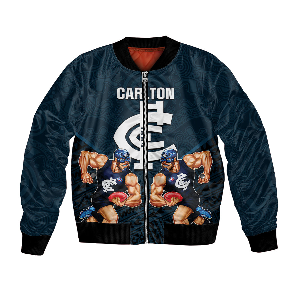 personalised-calrton-football-bomber-jacket-blues-go-champions-2023-polynesian-indigenous-art
