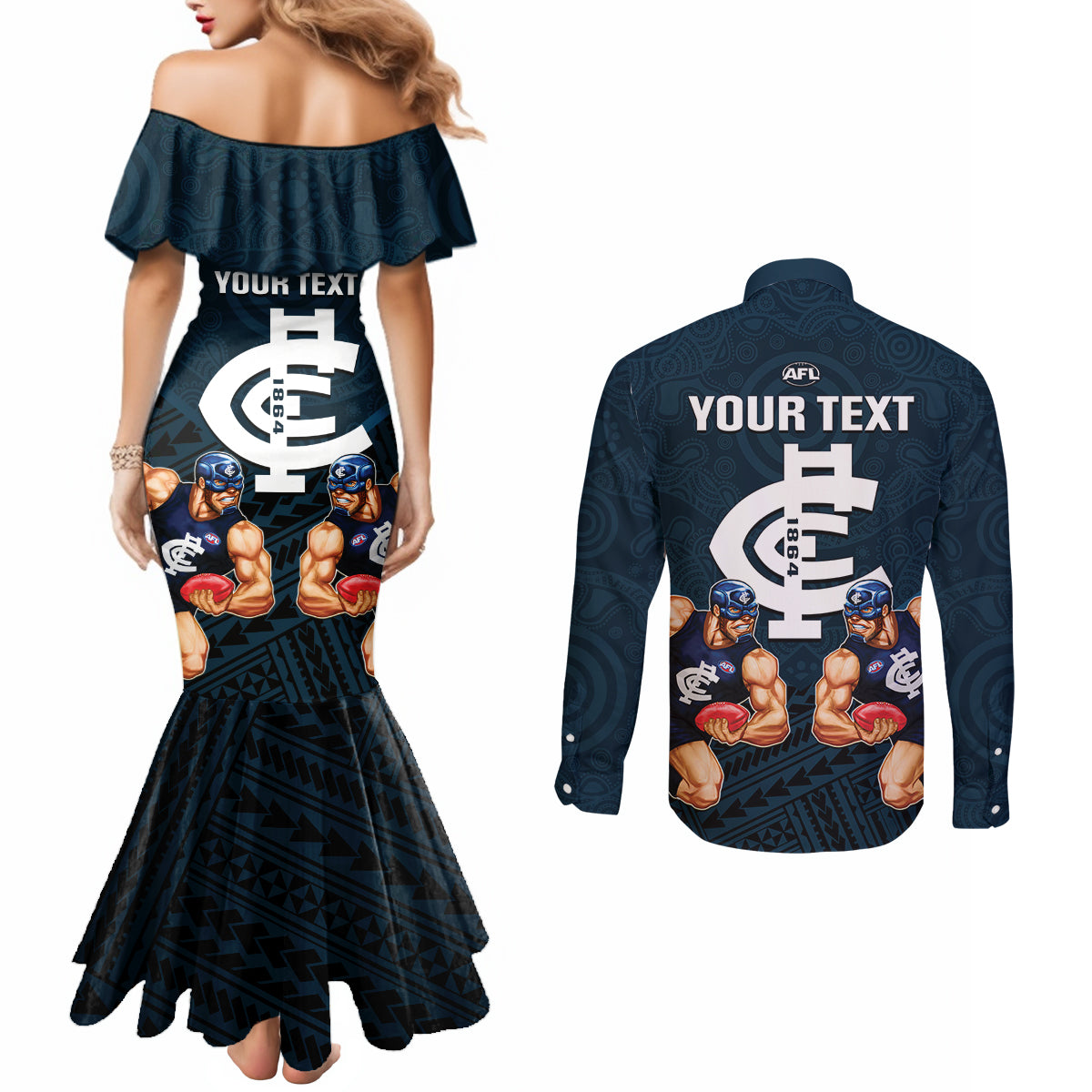 personalised-calrton-football-couples-matching-mermaid-dress-and-long-sleeve-button-shirts-blues-go-champions-2023-polynesian-indigenous-art