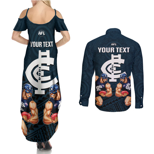 personalised-calrton-football-couples-matching-summer-maxi-dress-and-long-sleeve-button-shirts-blues-go-champions-2023-polynesian-indigenous-art