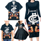 personalised-calrton-football-family-matching-long-sleeve-bodycon-dress-and-hawaiian-shirt-blues-go-champions-2023-polynesian-indigenous-art
