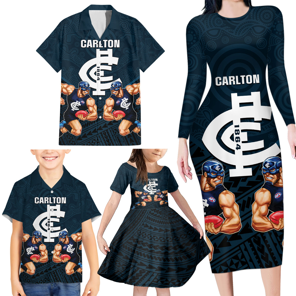personalised-calrton-football-family-matching-long-sleeve-bodycon-dress-and-hawaiian-shirt-blues-go-champions-2023-polynesian-indigenous-art