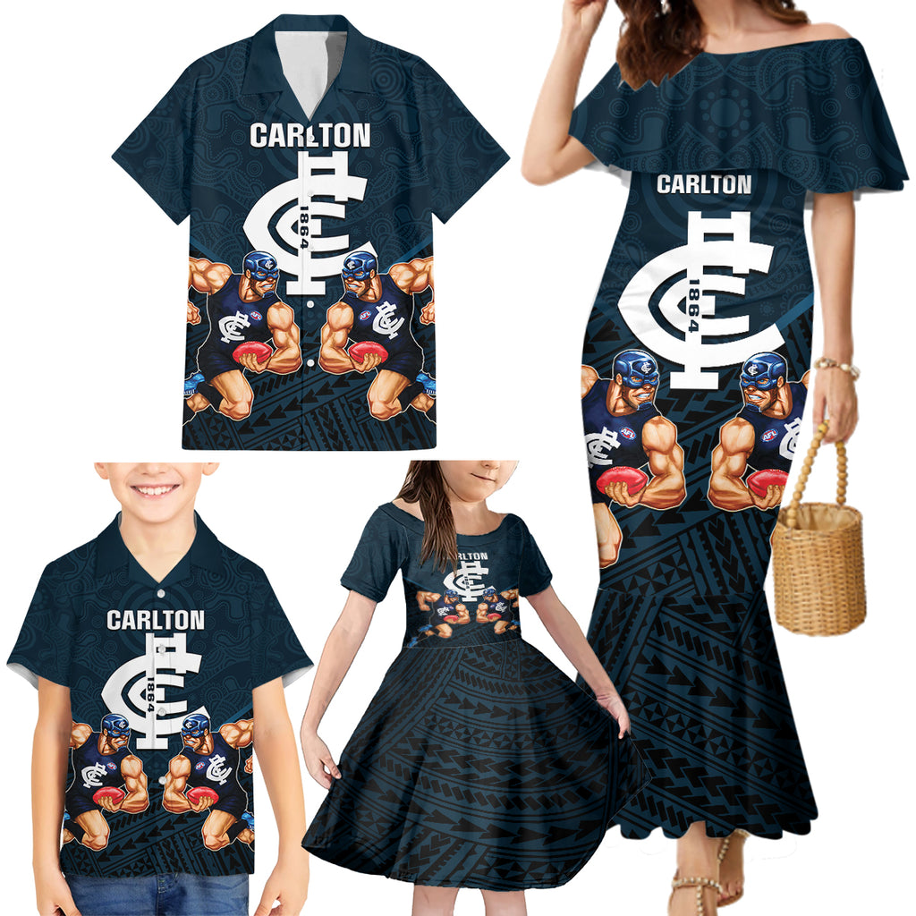 personalised-calrton-football-family-matching-mermaid-dress-and-hawaiian-shirt-blues-go-champions-2023-polynesian-indigenous-art