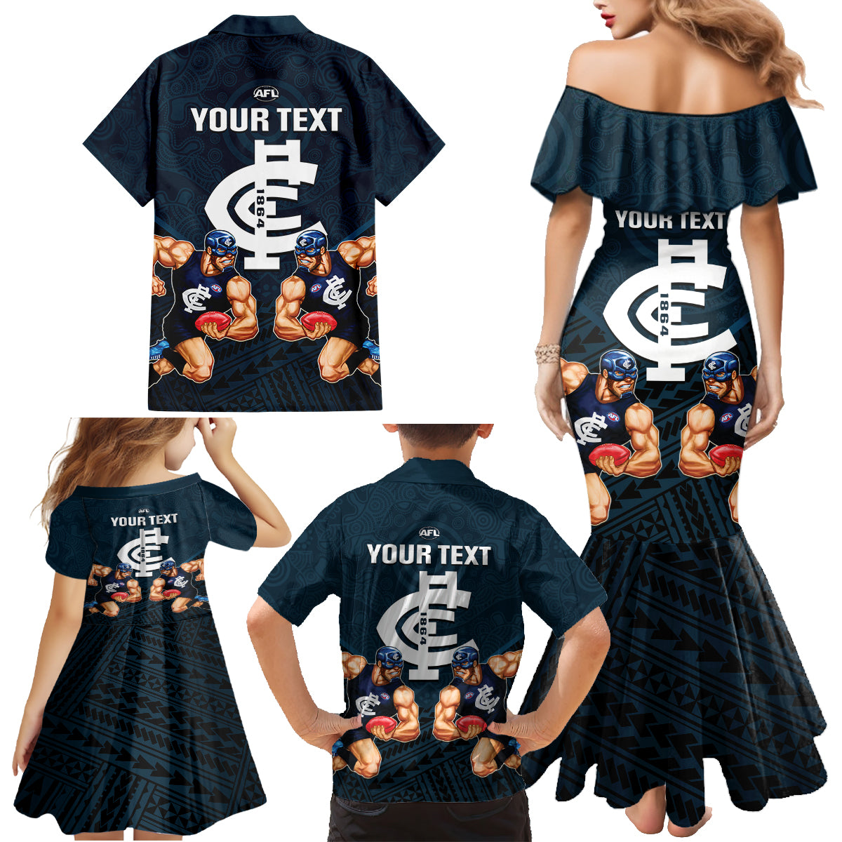 personalised-calrton-football-family-matching-mermaid-dress-and-hawaiian-shirt-blues-go-champions-2023-polynesian-indigenous-art