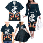 personalised-calrton-football-family-matching-off-shoulder-long-sleeve-dress-and-hawaiian-shirt-blues-go-champions-2023-polynesian-indigenous-art