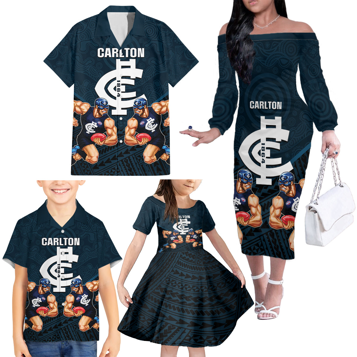 personalised-calrton-football-family-matching-off-shoulder-long-sleeve-dress-and-hawaiian-shirt-blues-go-champions-2023-polynesian-indigenous-art