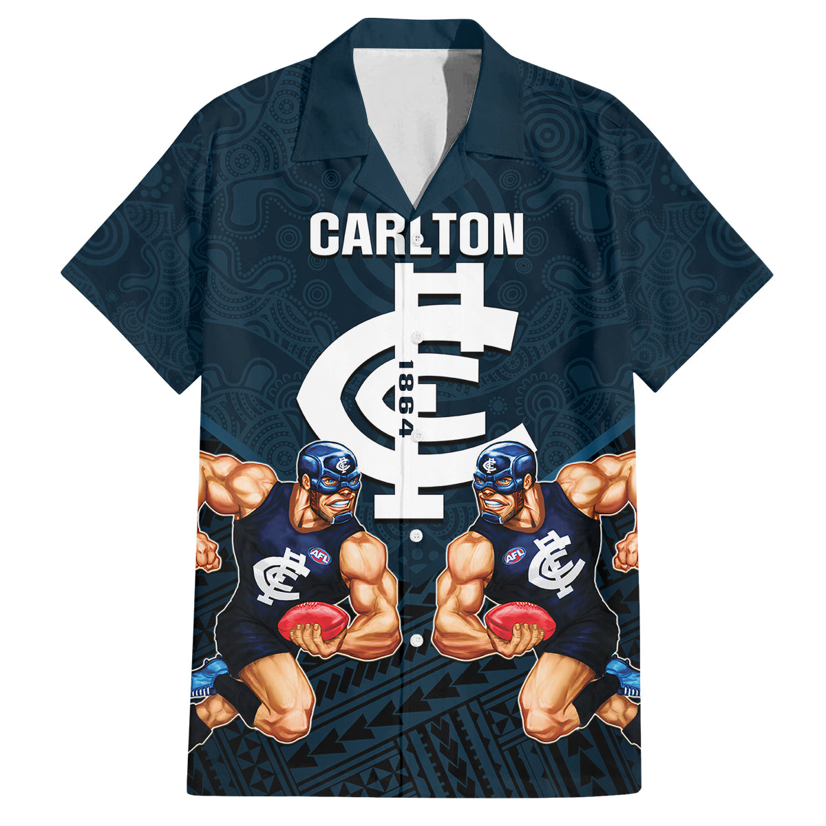 personalised-calrton-football-family-matching-off-shoulder-long-sleeve-dress-and-hawaiian-shirt-blues-go-champions-2023-polynesian-indigenous-art