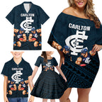 personalised-calrton-football-family-matching-off-shoulder-short-dress-and-hawaiian-shirt-blues-go-champions-2023-polynesian-indigenous-art