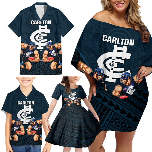 personalised-calrton-football-family-matching-off-shoulder-short-dress-and-hawaiian-shirt-blues-go-champions-2023-polynesian-indigenous-art