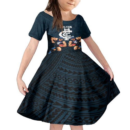 personalised-calrton-football-family-matching-off-shoulder-short-dress-and-hawaiian-shirt-blues-go-champions-2023-polynesian-indigenous-art
