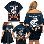 personalised-calrton-football-family-matching-off-shoulder-short-dress-and-hawaiian-shirt-blues-go-champions-2023-polynesian-indigenous-art