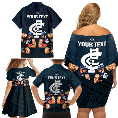 personalised-calrton-football-family-matching-off-shoulder-short-dress-and-hawaiian-shirt-blues-go-champions-2023-polynesian-indigenous-art