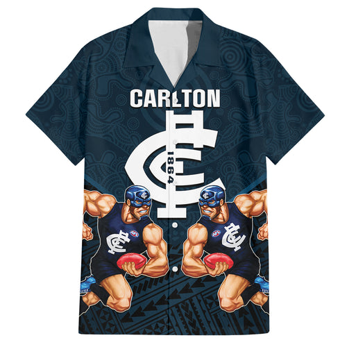 personalised-calrton-football-family-matching-off-shoulder-short-dress-and-hawaiian-shirt-blues-go-champions-2023-polynesian-indigenous-art