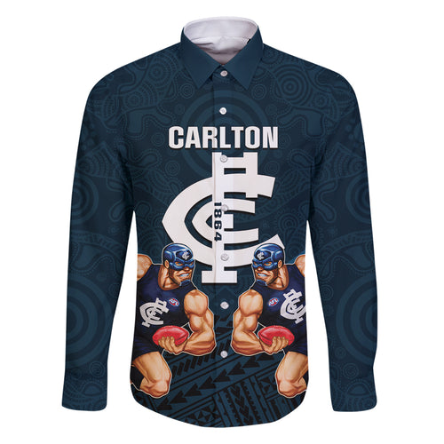 personalised-calrton-football-family-matching-off-shoulder-short-dress-and-hawaiian-shirt-blues-go-champions-2023-polynesian-indigenous-art