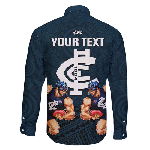 personalised-calrton-football-family-matching-off-shoulder-short-dress-and-hawaiian-shirt-blues-go-champions-2023-polynesian-indigenous-art
