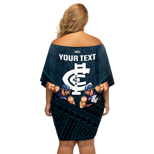 personalised-calrton-football-family-matching-off-shoulder-short-dress-and-hawaiian-shirt-blues-go-champions-2023-polynesian-indigenous-art