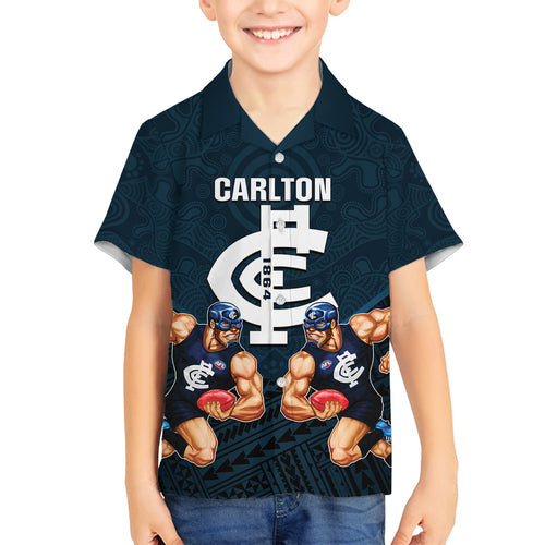 personalised-calrton-football-family-matching-off-shoulder-short-dress-and-hawaiian-shirt-blues-go-champions-2023-polynesian-indigenous-art