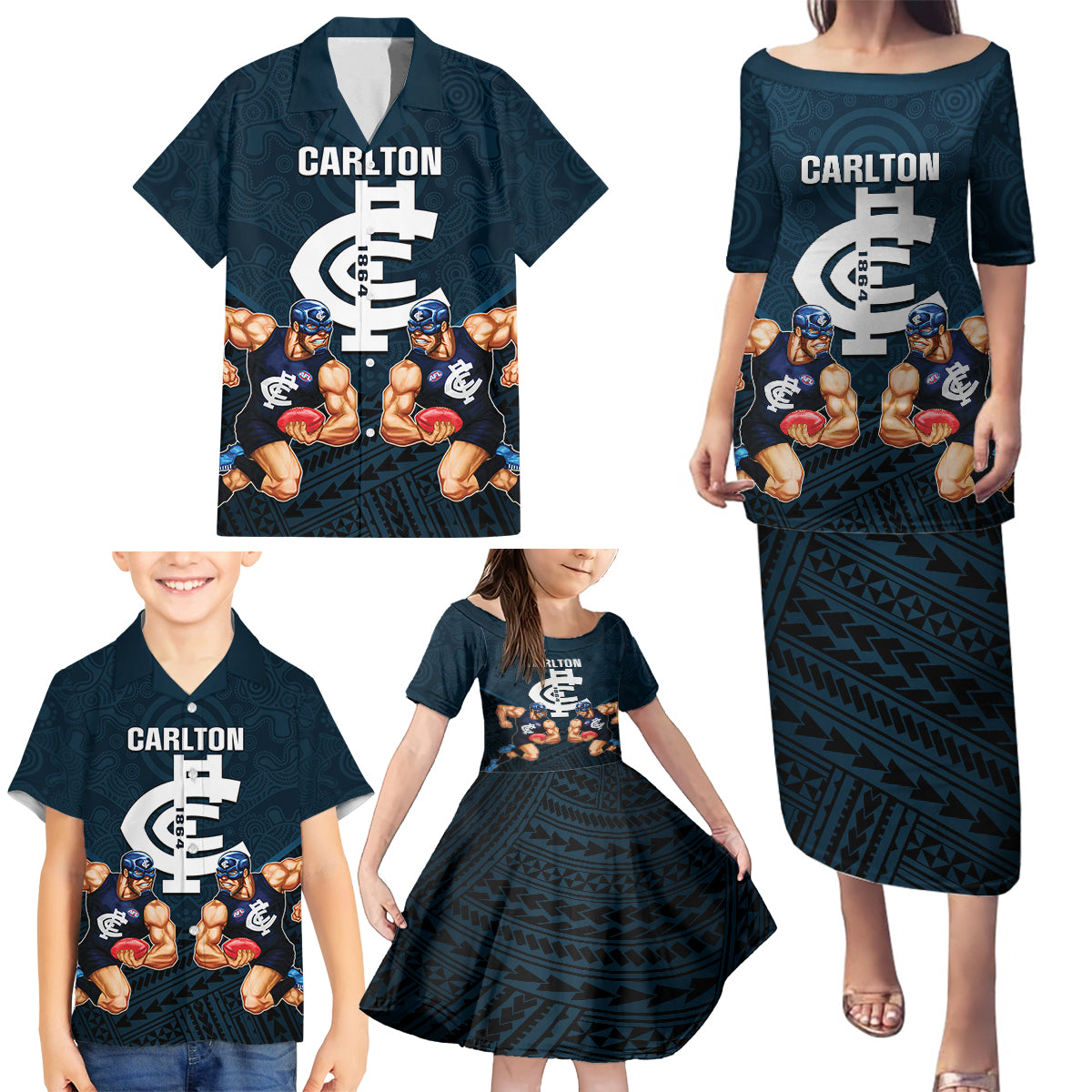 personalised-calrton-football-family-matching-puletasi-dress-and-hawaiian-shirt-blues-go-champions-2023-polynesian-indigenous-art