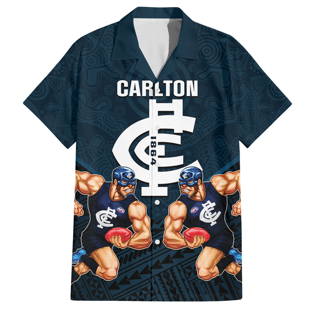 personalised-calrton-football-family-matching-puletasi-dress-and-hawaiian-shirt-blues-go-champions-2023-polynesian-indigenous-art