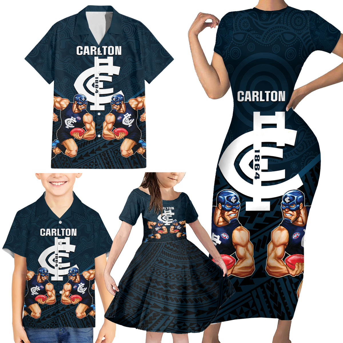 personalised-calrton-football-family-matching-short-sleeve-bodycon-dress-and-hawaiian-shirt-blues-go-champions-2023-polynesian-indigenous-art