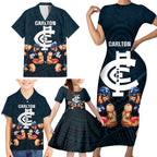 personalised-calrton-football-family-matching-short-sleeve-bodycon-dress-and-hawaiian-shirt-blues-go-champions-2023-polynesian-indigenous-art