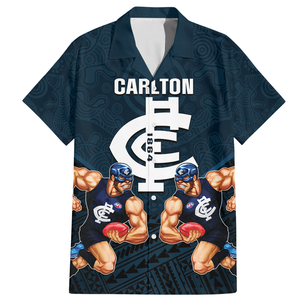 personalised-calrton-football-family-matching-short-sleeve-bodycon-dress-and-hawaiian-shirt-blues-go-champions-2023-polynesian-indigenous-art
