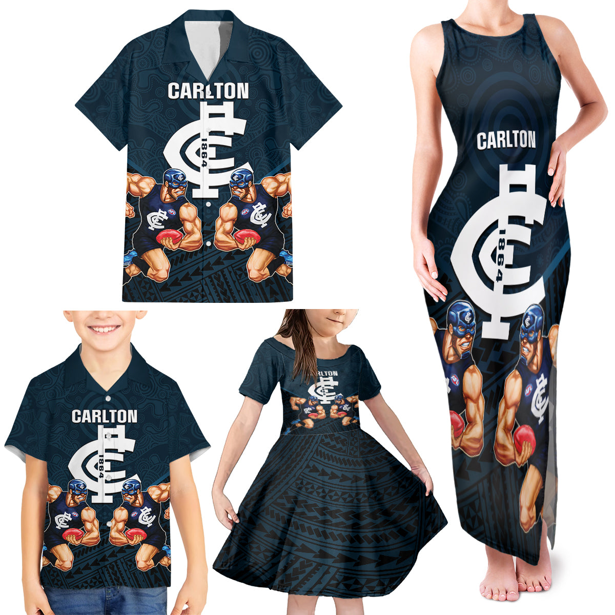 personalised-calrton-football-family-matching-tank-maxi-dress-and-hawaiian-shirt-blues-go-champions-2023-polynesian-indigenous-art